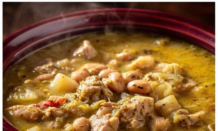 Delicious Colorado Hatch Green Chili with Pinto Beans in a bowl.