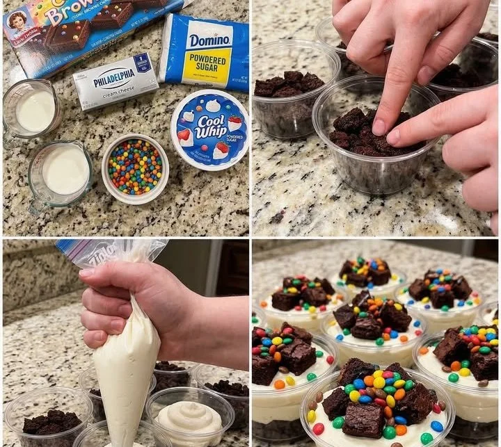 Cosmic Brownie Cheesecake Cups topped with colorful sprinkles and chocolate drizzle