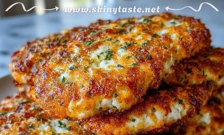 Cottage cheese crusted chicken cutlets on a plate garnished with herbs