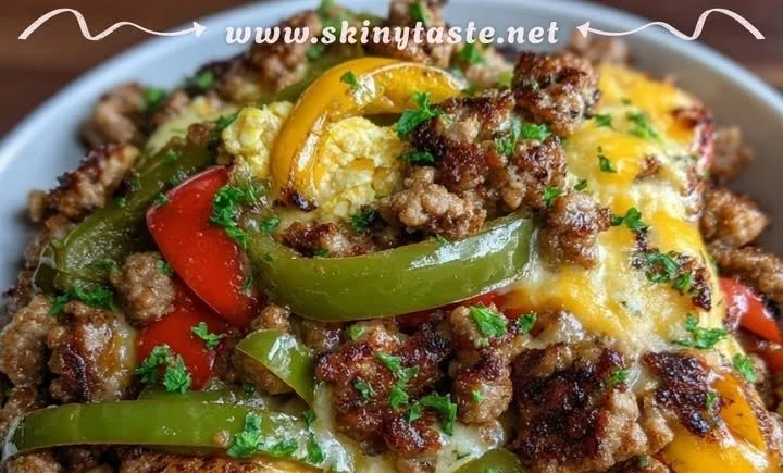 Cottage cheese turkey pepper skillet served in a pan with fresh vegetables.