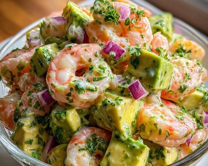 Creamy avocado shrimp salad with fresh ingredients and vibrant colors