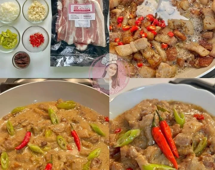 Bicol Express featuring creamy coconut sauce, pork, and chili peppers in a bowl
