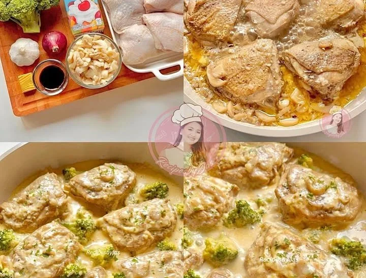 Creamy chicken with broccoli served in a bowl, garnished with herbs.