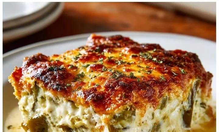 Delicious creamy Chile Relleno Casserole garnished with herbs