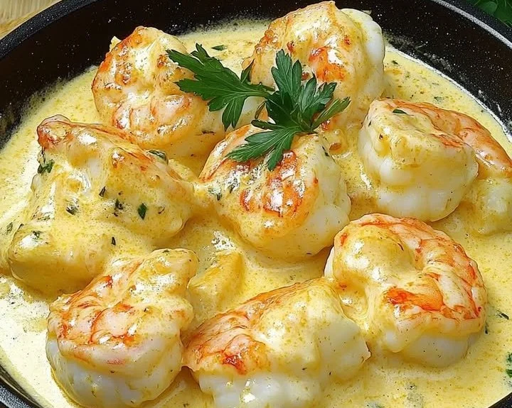 Plate of creamy garlic butter shrimp garnished with parsley and lemon wedges