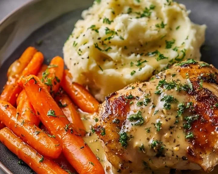 Plate of creamy garlic chicken served with mashed potatoes and glazed carrots