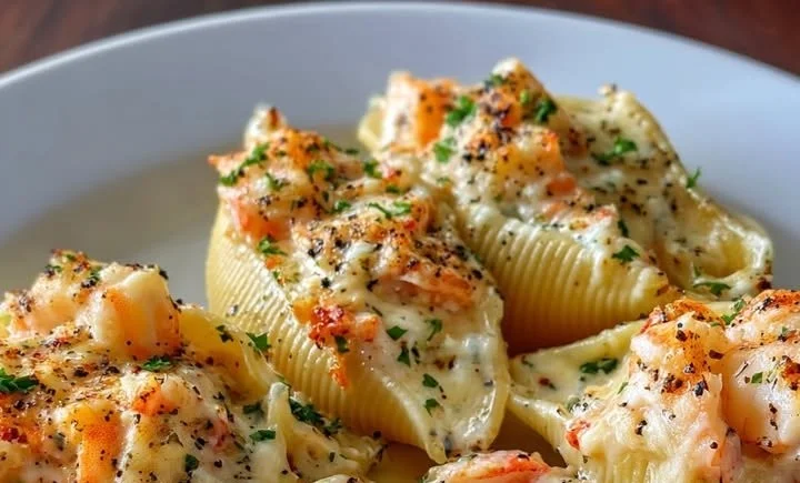 Plate of creamy seafood stuffed shells topped with cheese and herbs