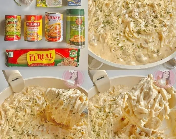 Bowl of creamy tuna carbonara pasta garnished with parsley