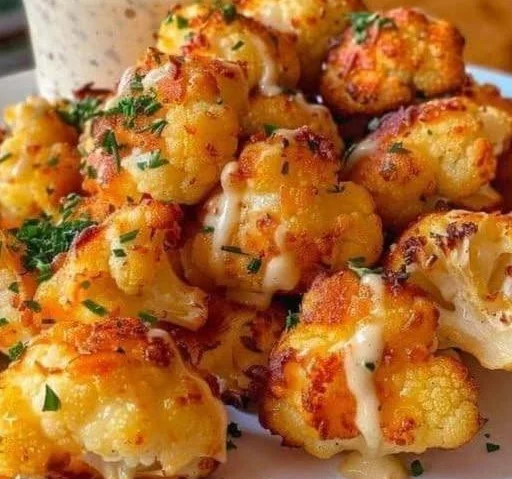 Crispy air-fried cauliflower topped with cheese and garlic, served in a bowl.