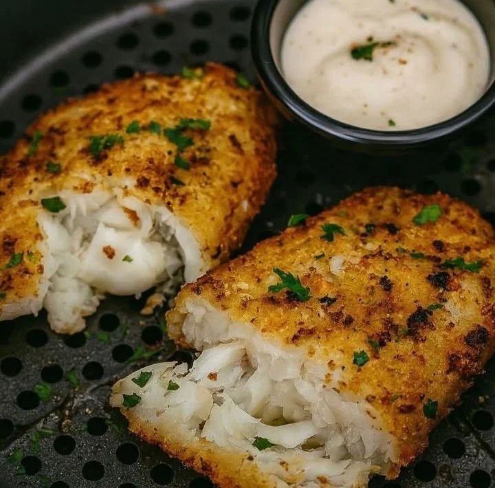 Crispy Air Fryer breaded cod fillets served on a plate