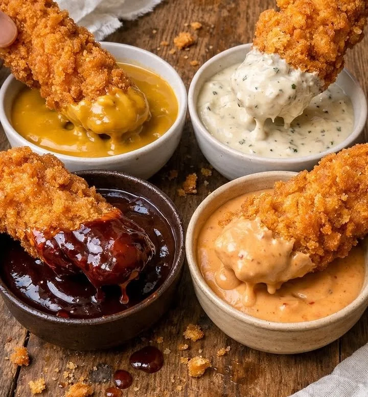 Crispy chicken strips served with a selection of four tasty dipping sauces.