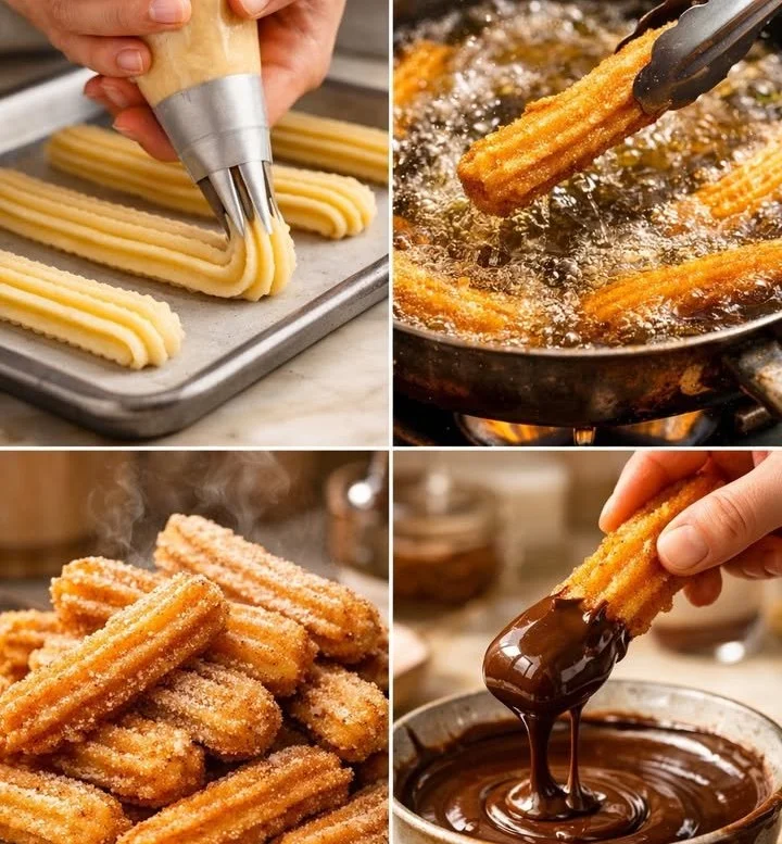 A plate of crispy homemade churros dusted with sugar and served with chocolate sauce.
