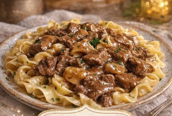 Crockpot beef tips served with noodles on a plate