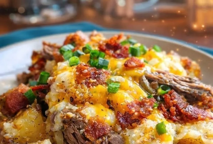 Crockpot loaded steak and potato bake served in a bowl with fresh herbs