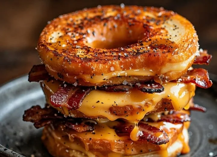 Donut grilled cheese sandwich topped with bacon and maple glaze