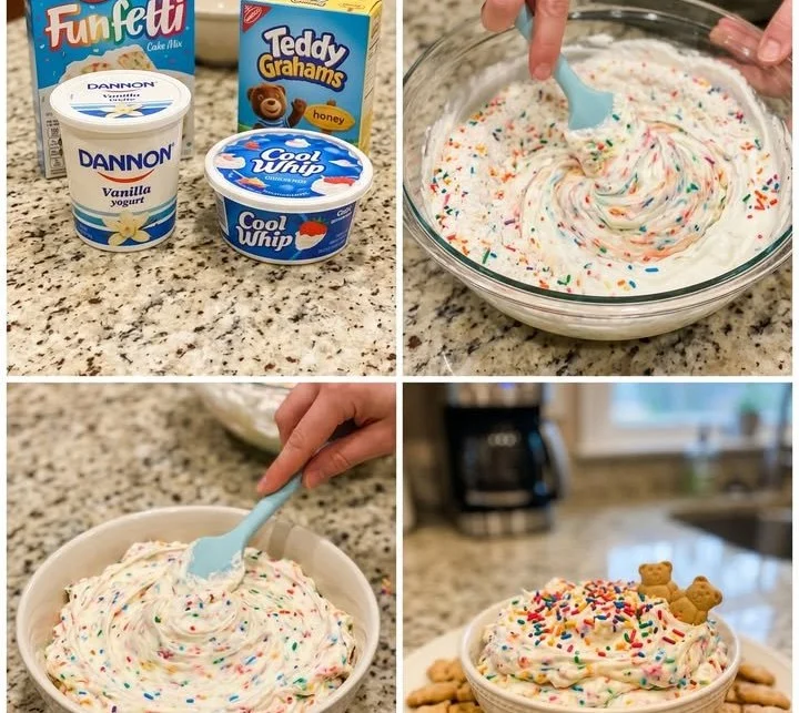 Dunkaroos Copycat Funfetti Dip served in a colorful bowl with sprinkles
