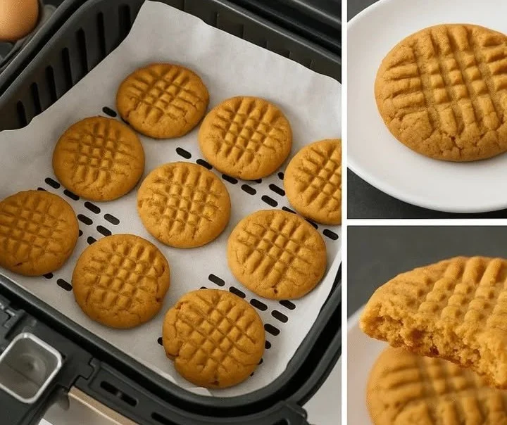 Delicious air fryer peanut butter cookies on a cooling rack.