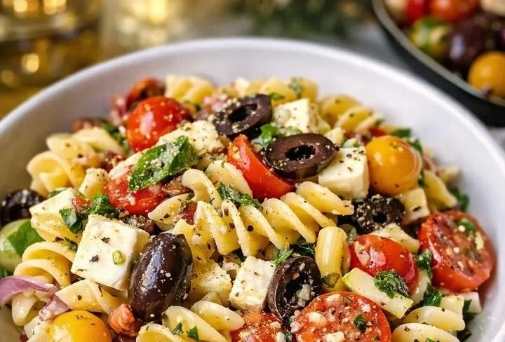 A vibrant bowl of easy and flavorful Italian Pasta Salad with fresh vegetables.