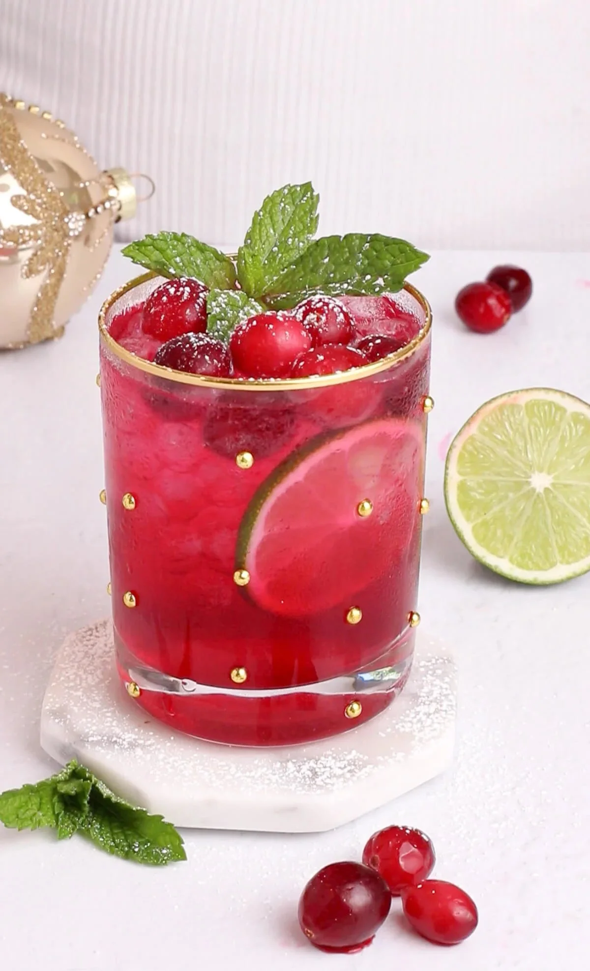 Colorful easy holiday mocktail garnished with fruits and herbs.