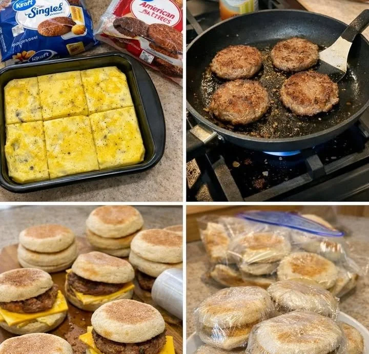 Homemade freezer breakfast sandwiches stacked on a plate for easy meal prep.