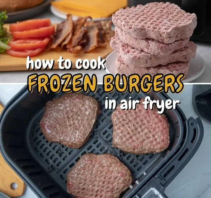 Frozen air fryer burgers in a basket ready to be cooked for a quick meal.