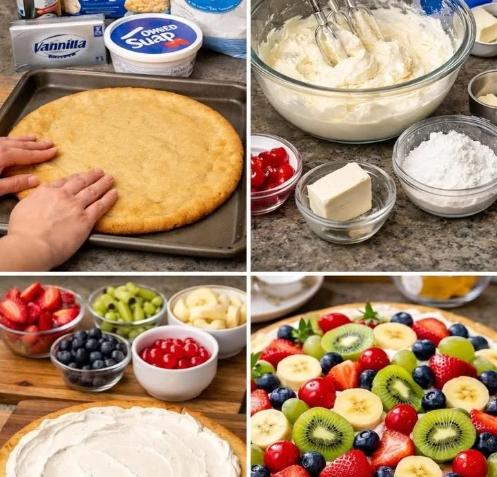 Colorful fruit pizza topped with fresh fruits and creamy frosting