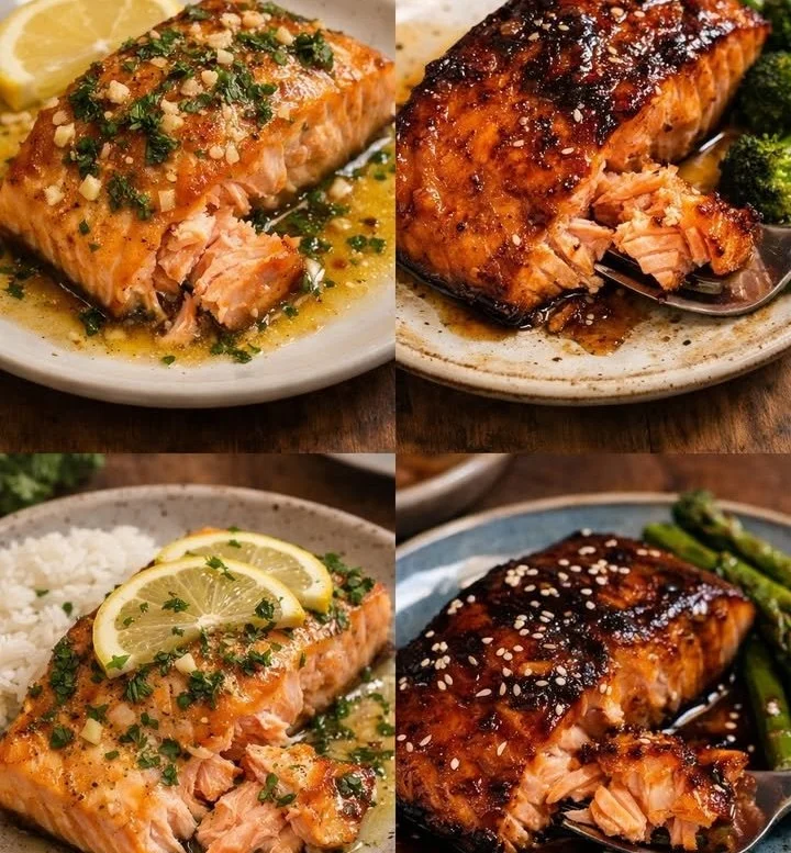 Plate of Garlic Butter Salmon garnished with herbs and lemon.
