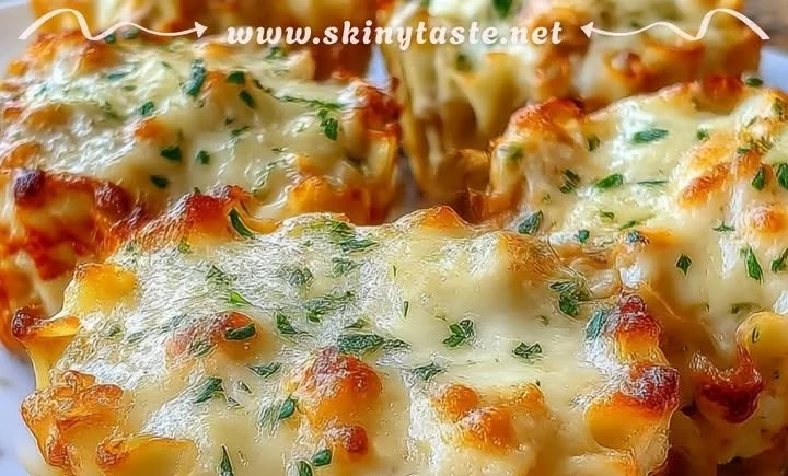Garlic Parmesan Cottage Cheese Chicken Lasagna Cups in a baking dish