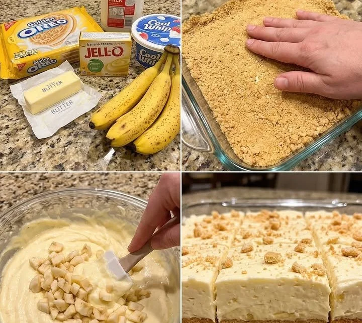 Golden Oreo Banana Pudding Bars topped with creamy banana pudding and cookies
