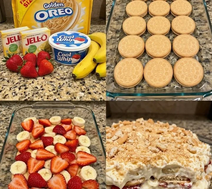 Golden Oreo strawberry banana pudding dessert in a glass bowl
