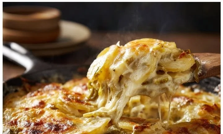 Creamy Green Chile Cheese Scalloped Potatoes in a baking dish