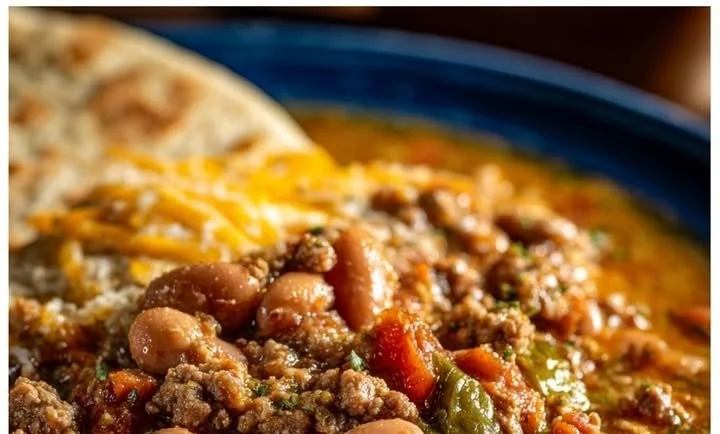 Delicious Green Chile Picadillo served with pinto beans in a rustic bowl.