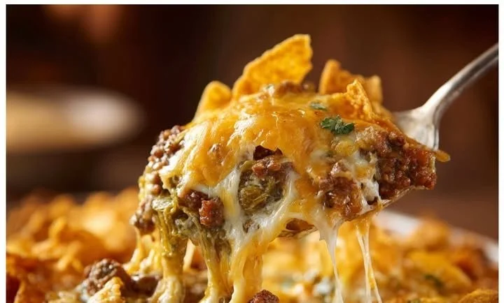 Hatch Green Chile Frito Pie topped with cheese and green chiles on a plate.
