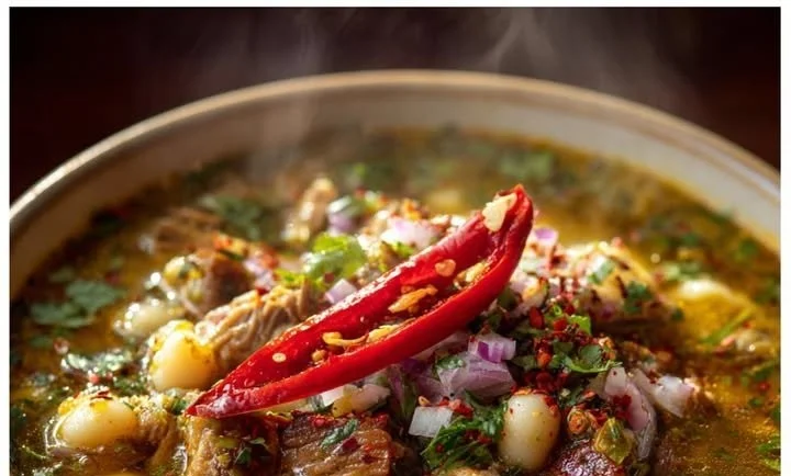 Bowl of delicious Hatch Green Chile Pork Pozole garnished with lime and cilantro