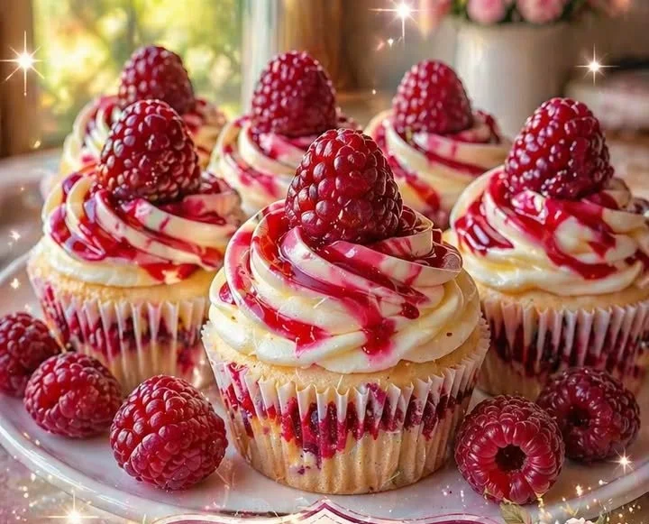 Delicious raspberry cheesecake cupcakes topped with fresh raspberries and creamy frosting.
