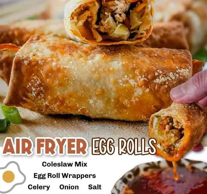 Homemade air fryer egg rolls served on a plate with dipping sauce.