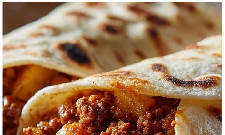 Homemade picadillo served with warm flour tortillas on a dining table.