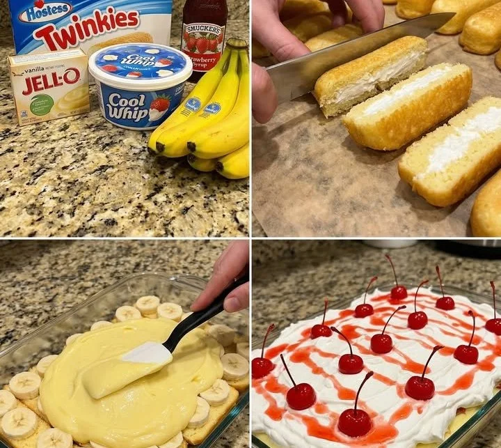 Hostess Twinkie Banana Split Cake topped with cherries and sprinkles