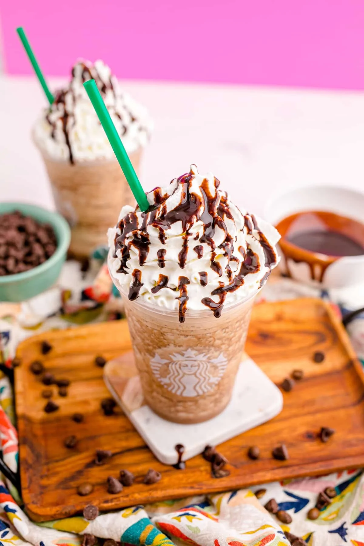Java Chip Frappuccino topped with whipped cream and chocolate chips