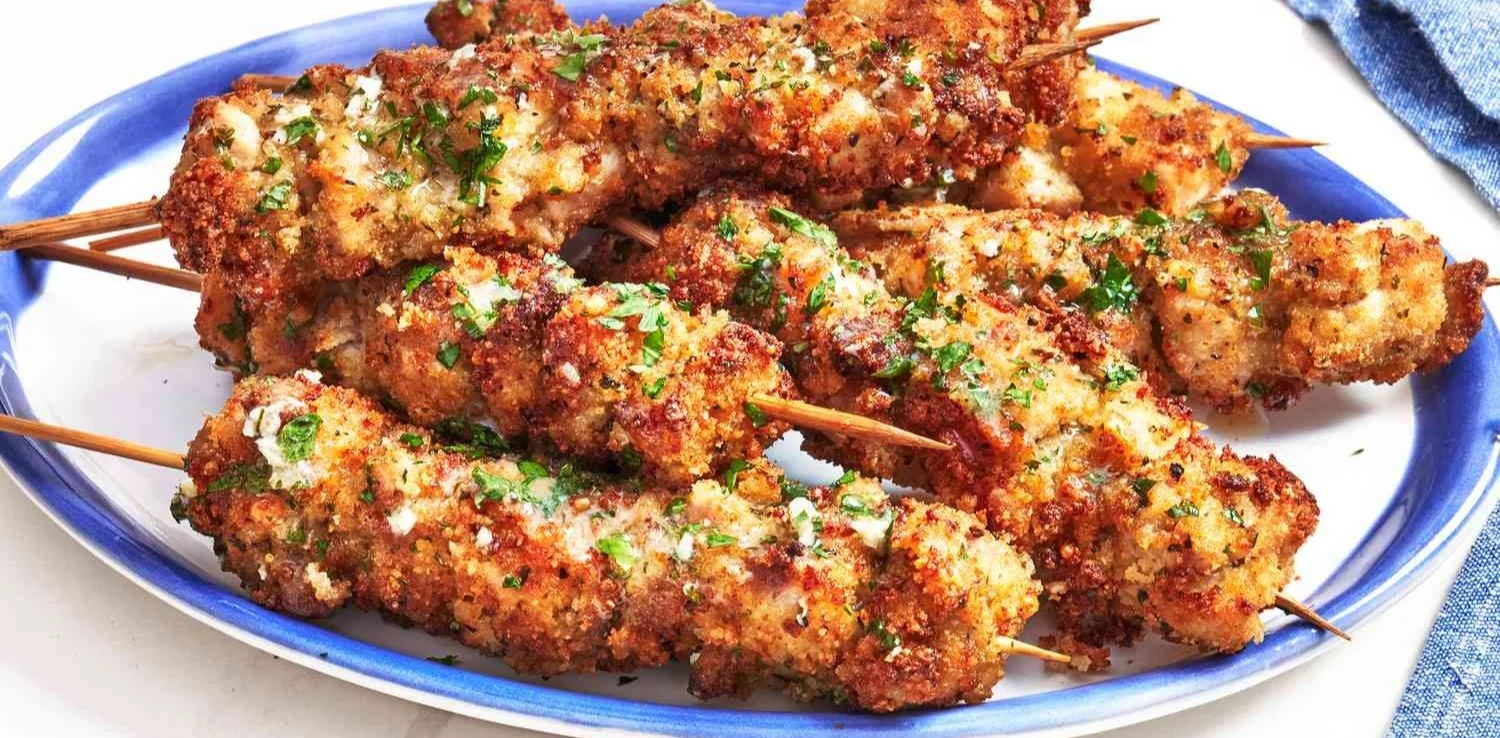 Lemon Garlic Butter Chicken Skewers served on a platter