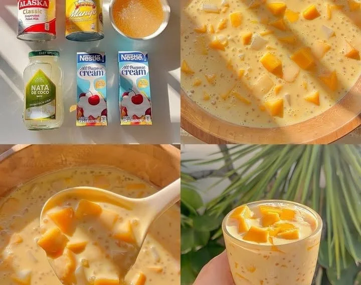 Creamy Mango Tapioca dessert with fresh mango and tapioca pearls.