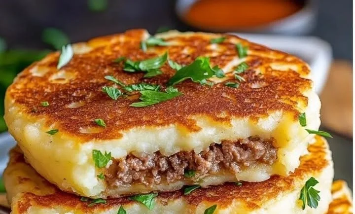 Crispy mashed potato pancakes filled with savory meat filling on a plate.