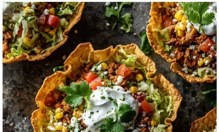 Mexican Street Taco Bowls served in a crunchy tortilla nest.