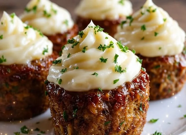 Mini meatloaf muffins topped with fluffy mashed potato frosting