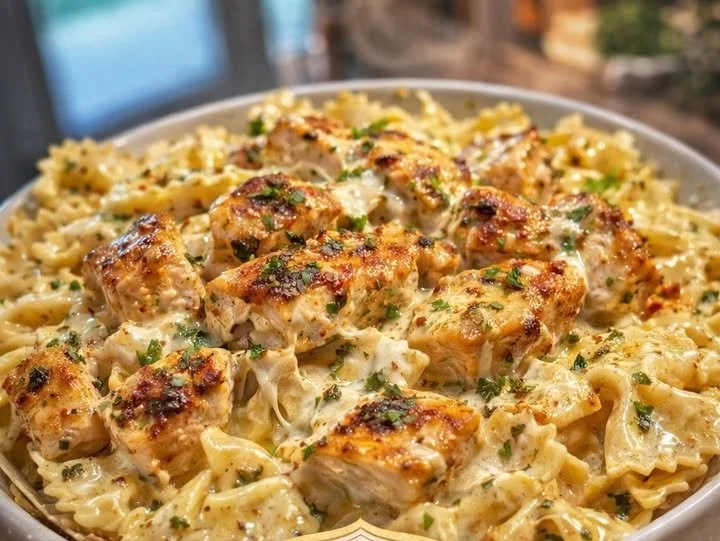 Mozzarella Garlic Butter Chicken Bowties in Creamy Cheesy Sauce