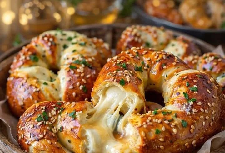 Homemade mozzarella stuffed soft pretzels with gooey cheese filling