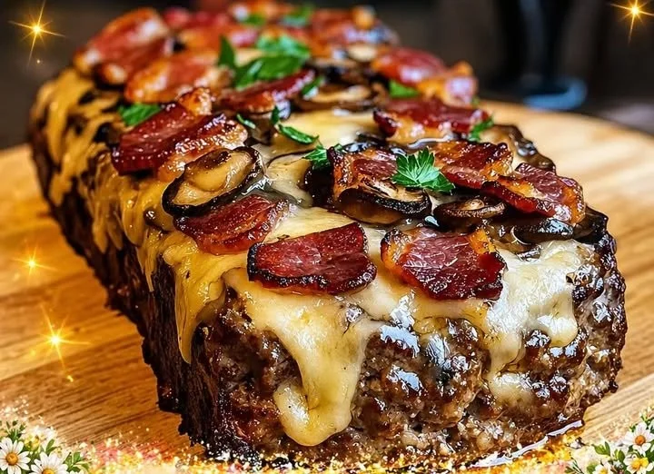 Delicious Mushroom Swiss Cheese Meatloaf served on a plate with garnish