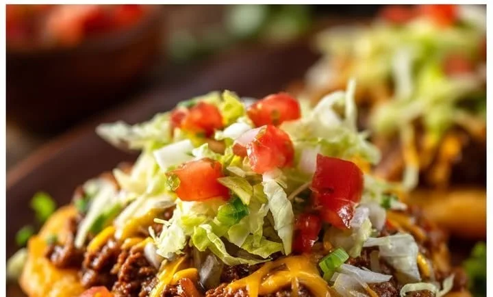 Navajo tacos topped with New Mexico green chile on a rustic plate