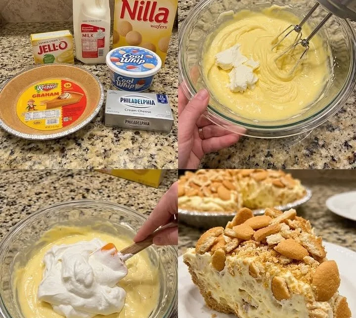 Nilla Wafer Banana Pudding Fluff Pie served with whipped cream and banana slices.