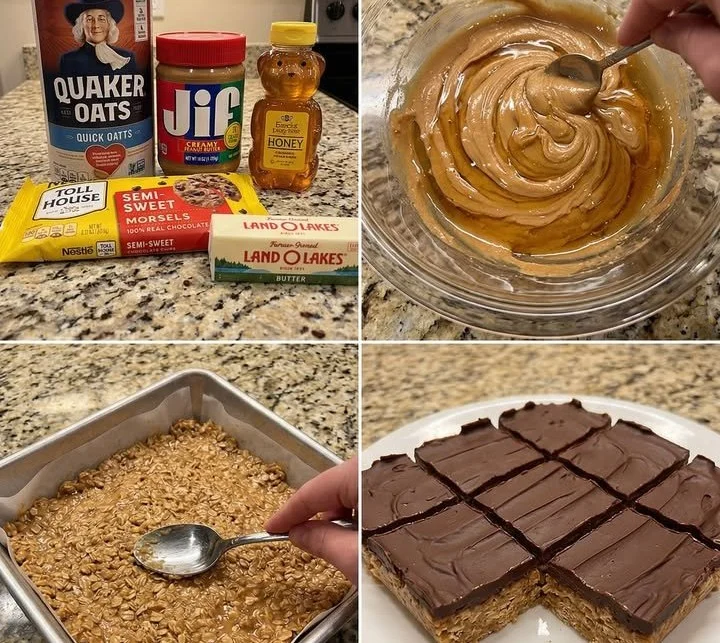 No-bake chocolate peanut butter oatmeal bars on a wooden cutting board